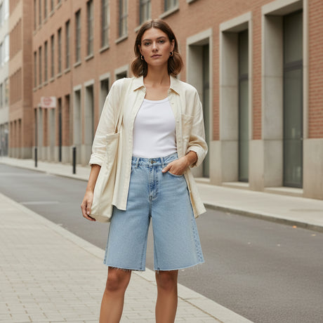 Woman wearing denim bermuda shorts outdoors in front of a brick building