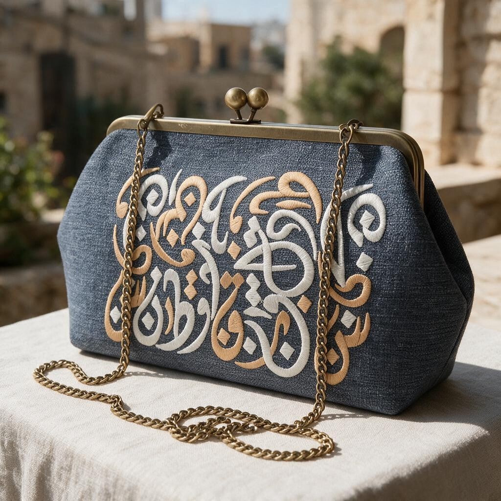 Denim blue frame clutch embroidered with white and gold Arabic letters on a sunny stone terrace