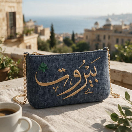 Close view of a denim bag with gold Arabic script, next to a cup of coffee and olive leaves on a sunny terrace
