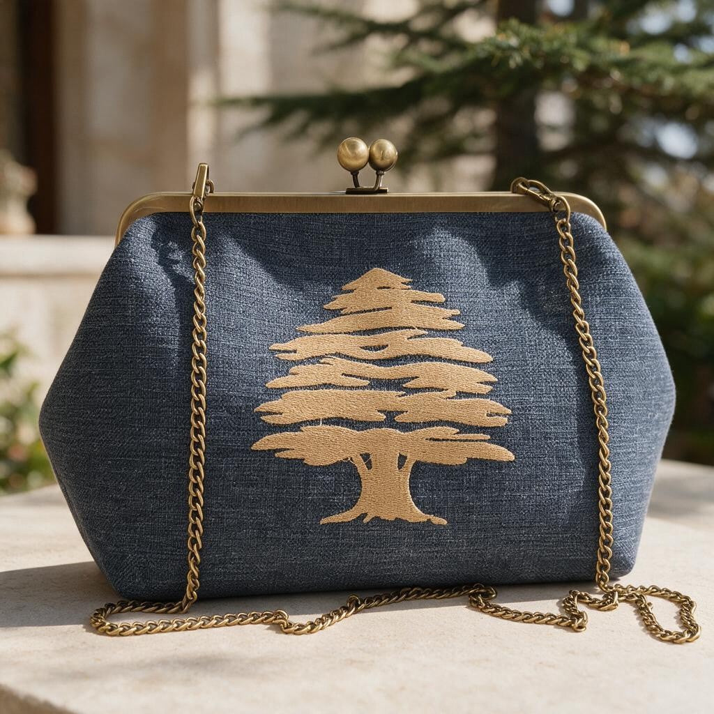 Denim blue clutch with a large gold cedar tree stitched on the front and a gold chain strap
