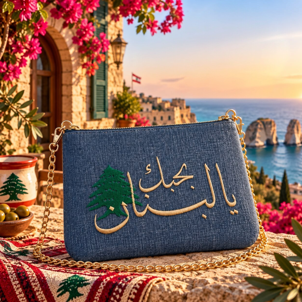 A blue textured clutch bag with gold Arabic embroidery and a green pine tree motif, resting on a patterned textile
