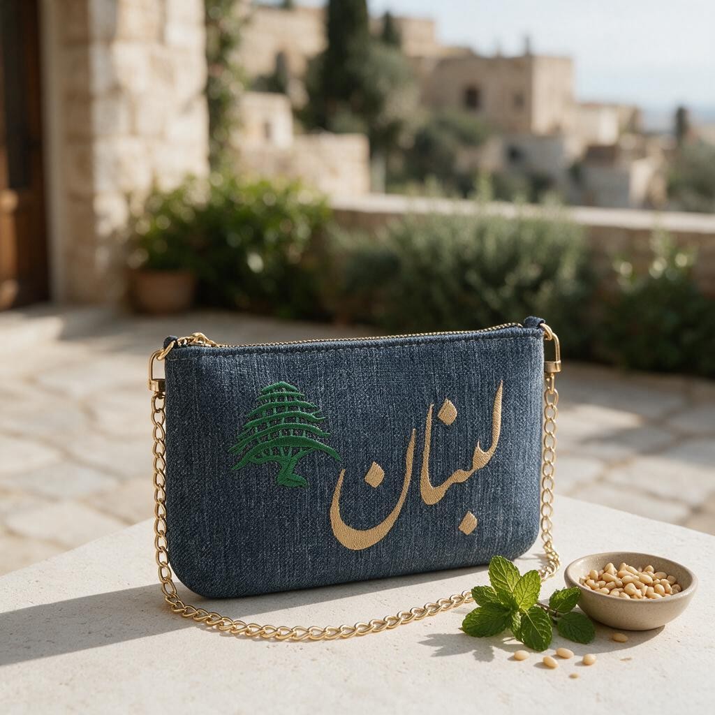 Denim pouch with Lebanon embroidered in gold, beside fresh mint and a small bowl of pine nuts on a terrace