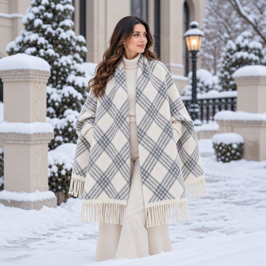 Cream blanket wrap with grey diamond plaid and cream fringe worn over a matching cream outfit