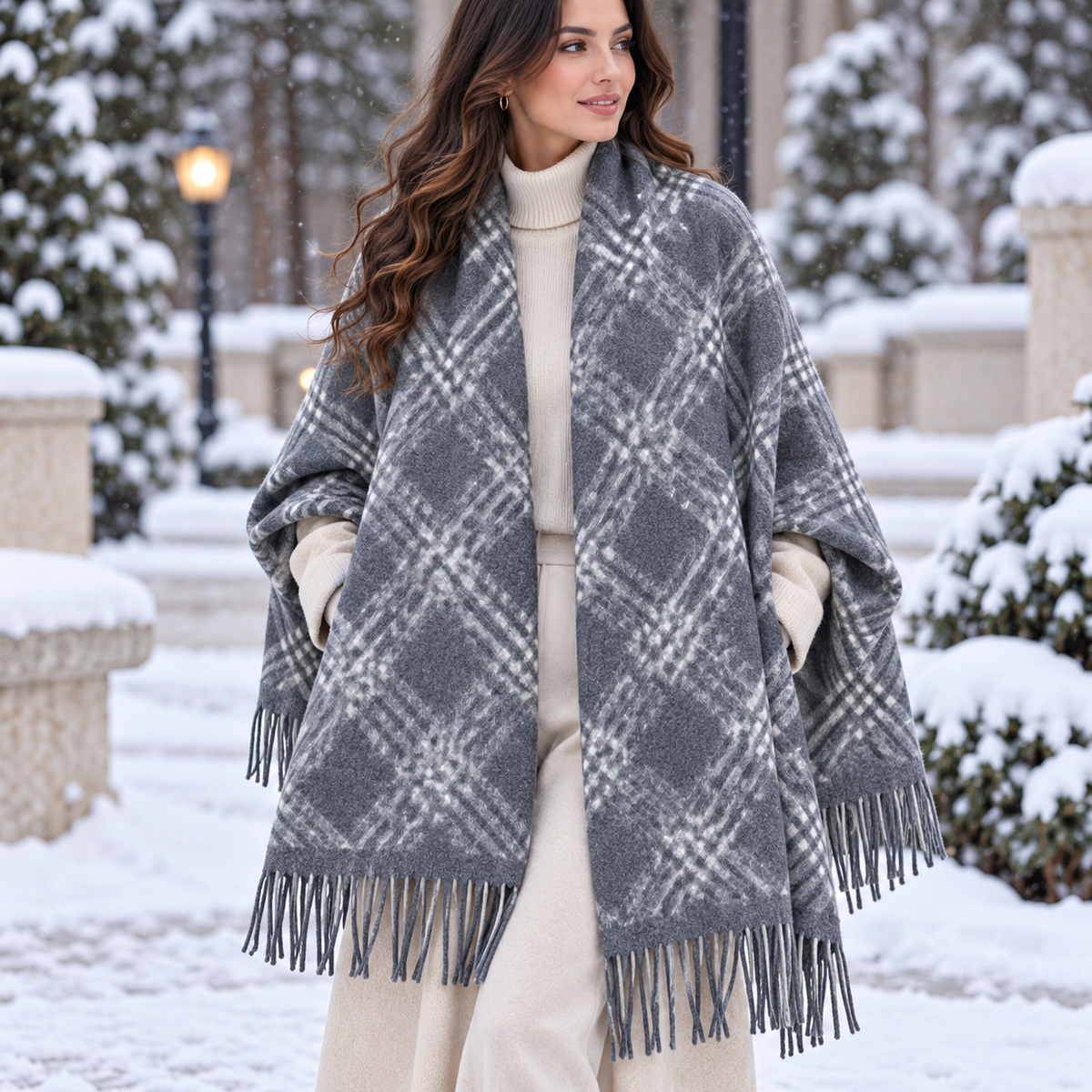 Grey diamond plaid blanket wrap with white check lines worn over a cream turtleneck and trousers