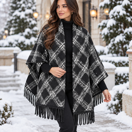 Black and white diamond plaid blanket wrap draped over the shoulders with long black fringe in the snow