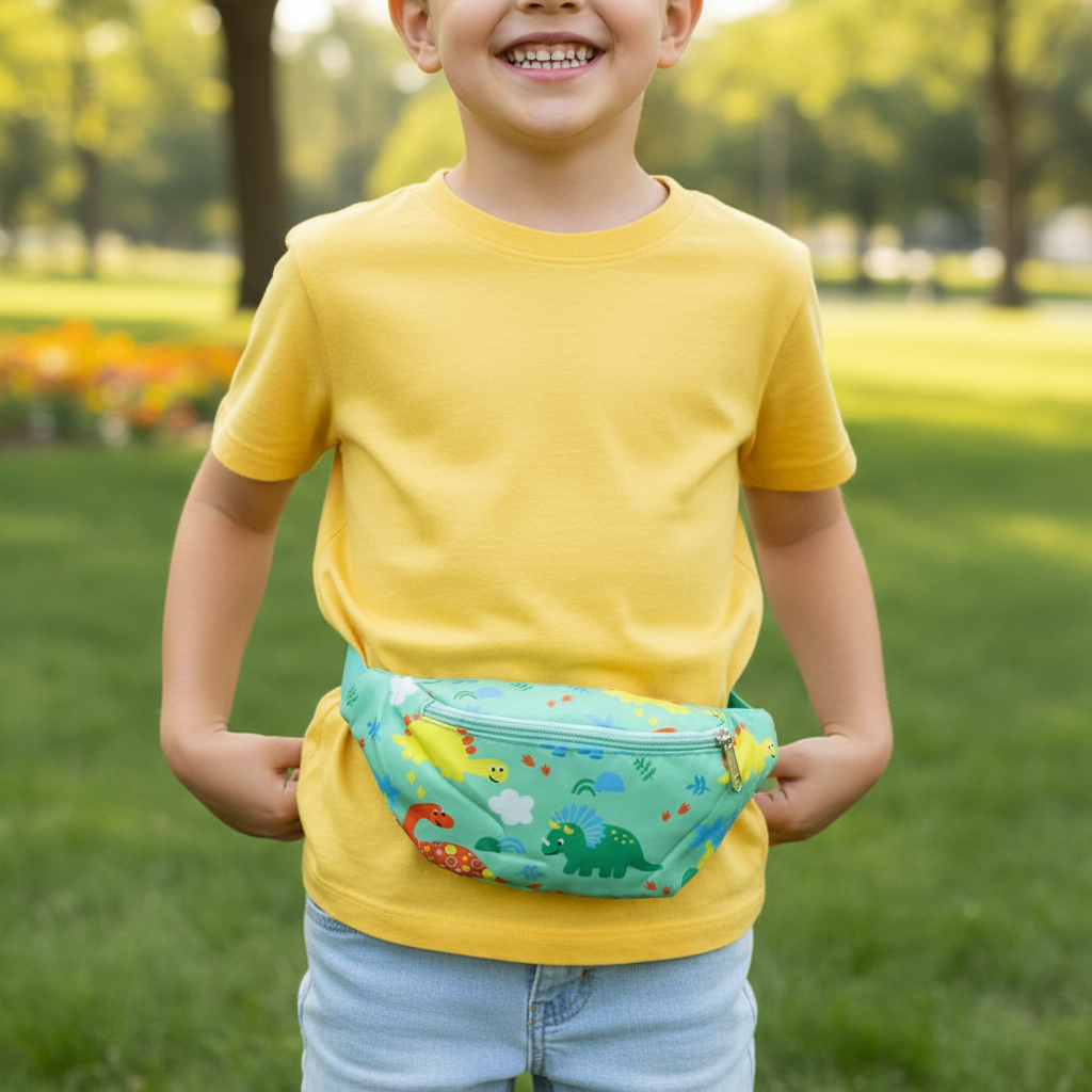 Boy in a yellow tee holding a mint green dinosaur print bum bag around his waist