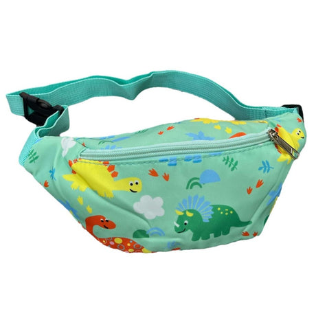 Mint green dinosaur print bum bag with a top zip and adjustable webbing strap with a black buckle