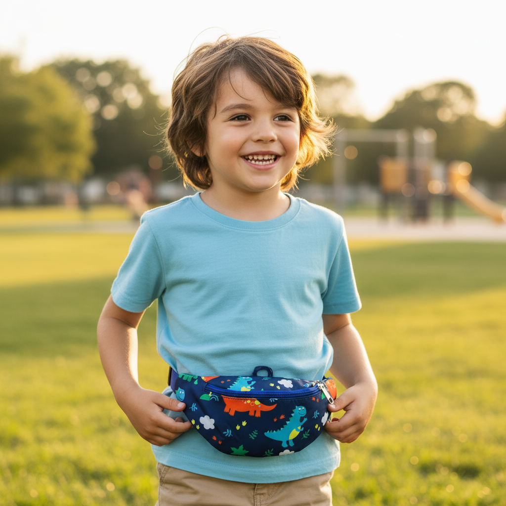Smiling boy in a park with a navy blue dinosaur print belt bag fastened at his waist