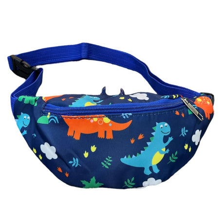 Navy blue dinosaur print belt bag with a blue zip, spike shaped tab and adjustable clip strap