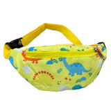 Yellow kids waist bag covered in cartoon dinosaurs, with a yellow zip and adjustable buckle strap