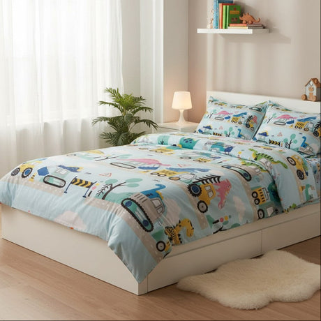 Kids blue dinosaur and digger truck bedding set on a single bed