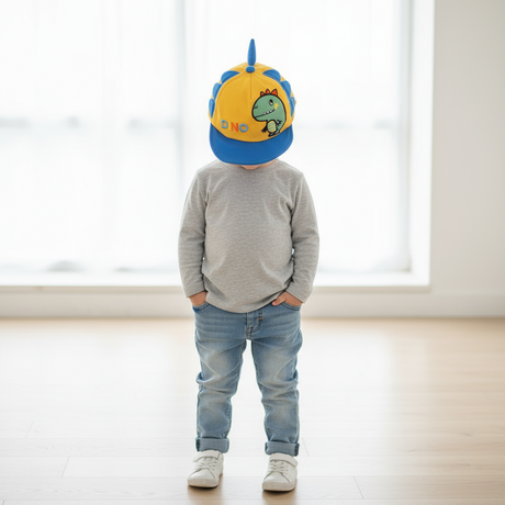 Toddler standing indoors in jeans and a mustard cap topped with a blue dinosaur spike and side fins