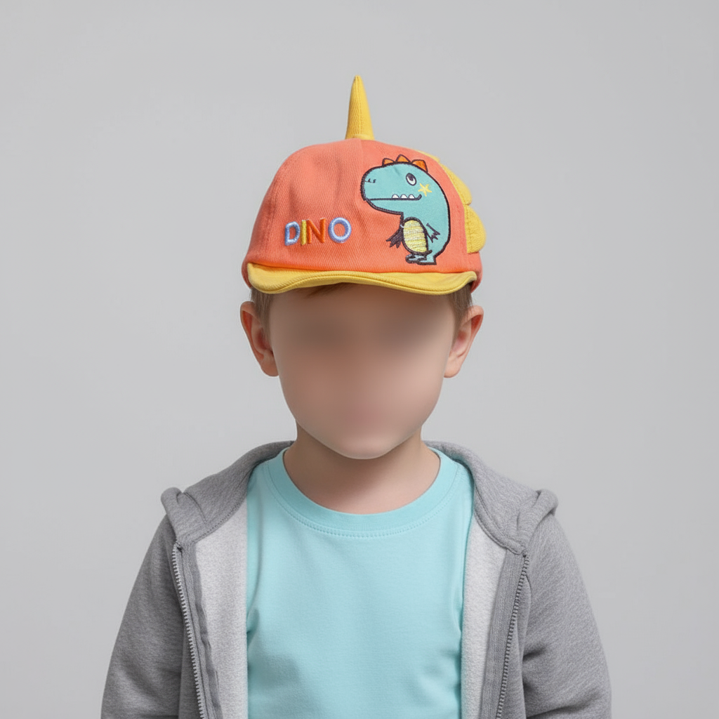 Boy in a grey hoodie wearing a coral cap with yellow brim, dinosaur spike and embroidered DINO patch