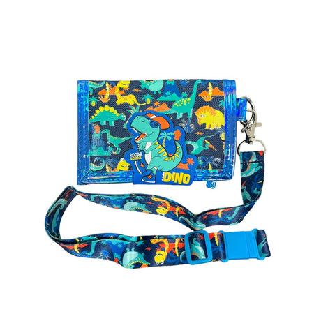 Blue dino trifold wallet with a 3D T-rex patch beside its adjustable printed lanyard