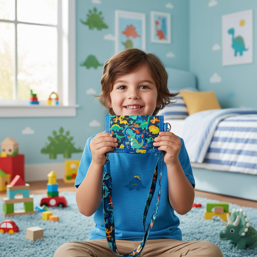 Smiling boy holding a blue dinosaur print kids wallet with its lanyard strap hanging down