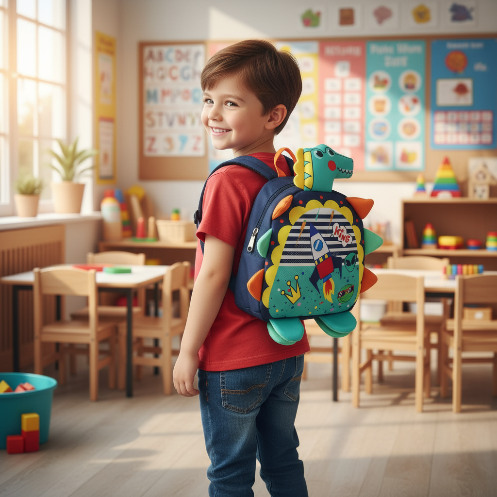 Kids teal dino shaped toddler backpack with 3D head and fabric spikes