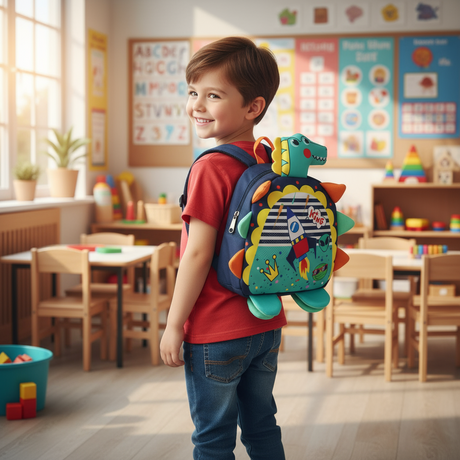 Kids teal dino shaped toddler backpack with 3D head and fabric spikes