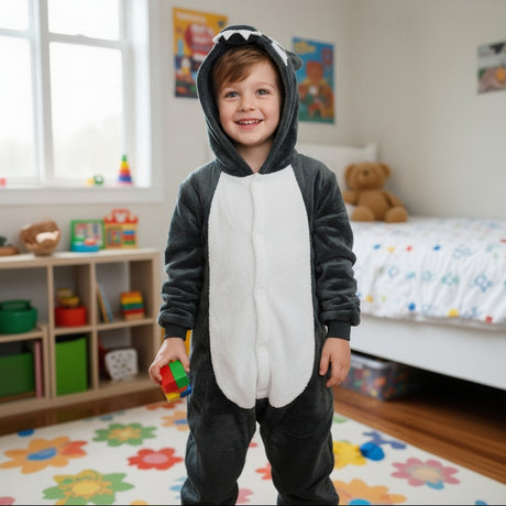Boy in a black and grey onesie with a white tummy