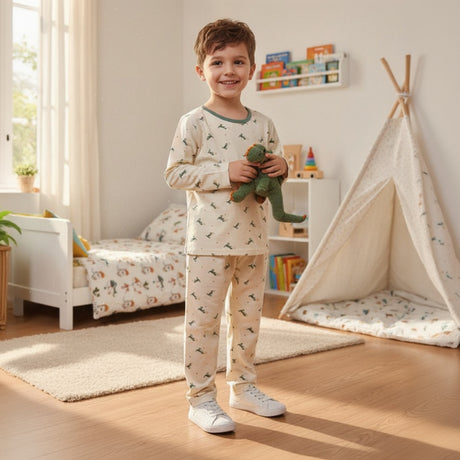 Kids cream pajama set with a small dinosaur print top and pants