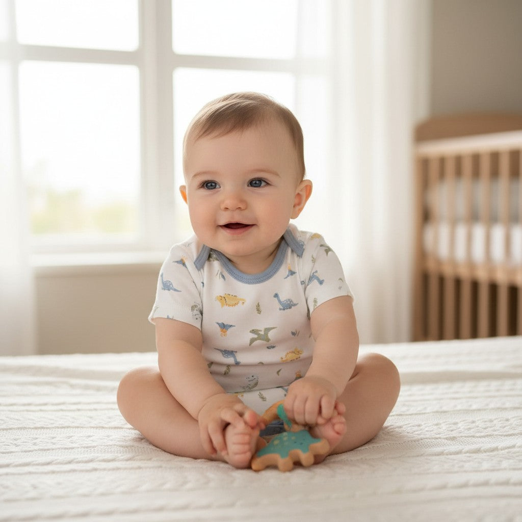 Smiling baby on a white knit bed in a cream short sleeve bodysuit covered in small scattered dinosaurs