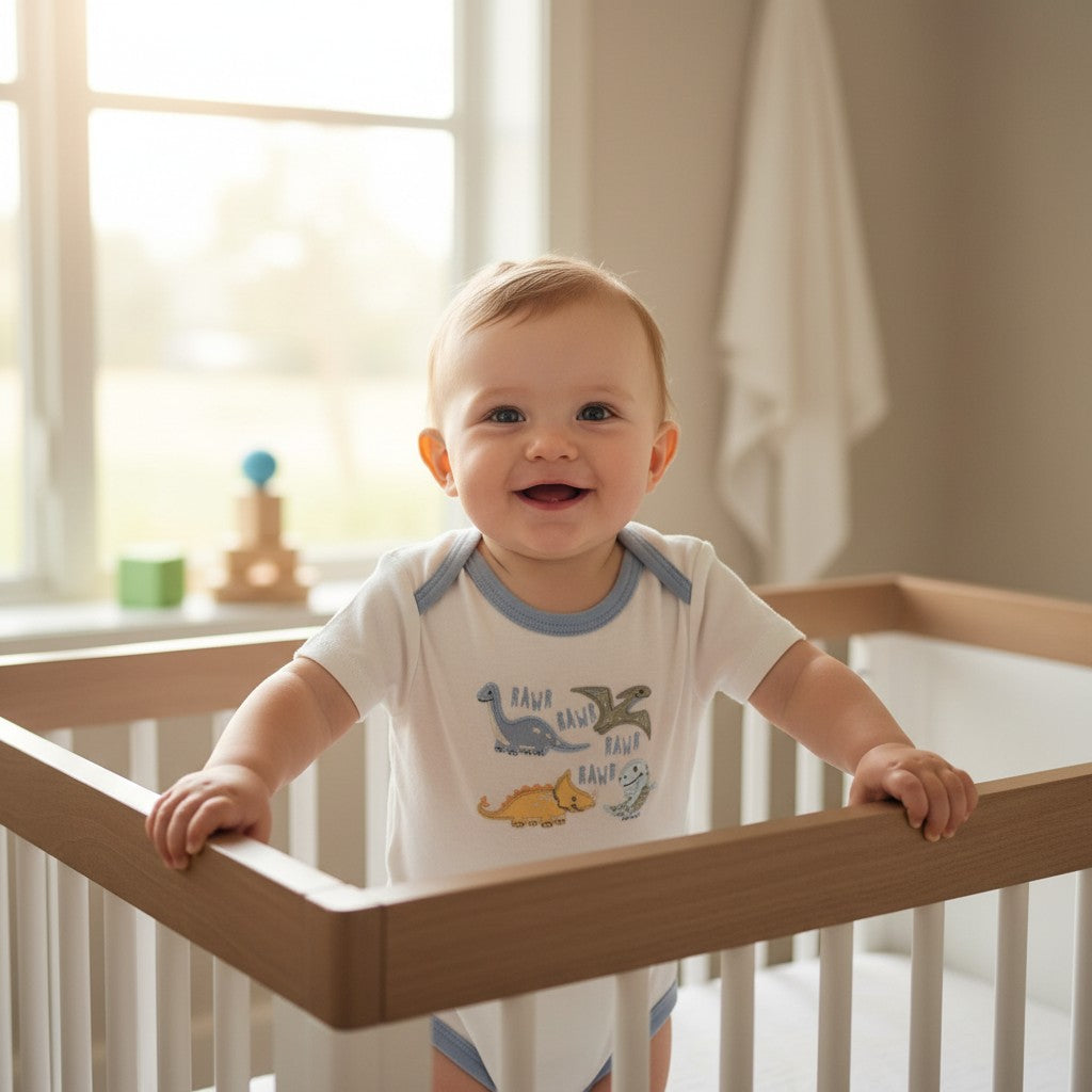Baby in a wooden crib wearing a white short sleeve bodysuit with four cartoon dinosaurs and RAWR lettering
