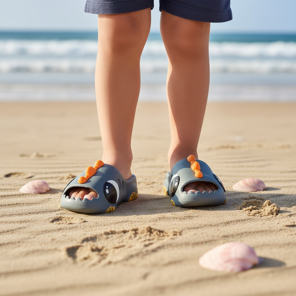 Kids grey dinosaur slides with big eyes and a spiky orange ridge strap, Jack Gifts Online Lebanon