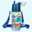Clear water bottle with a blue lid and straw, featuring a cartoon dino design and a blue strap with a similar design