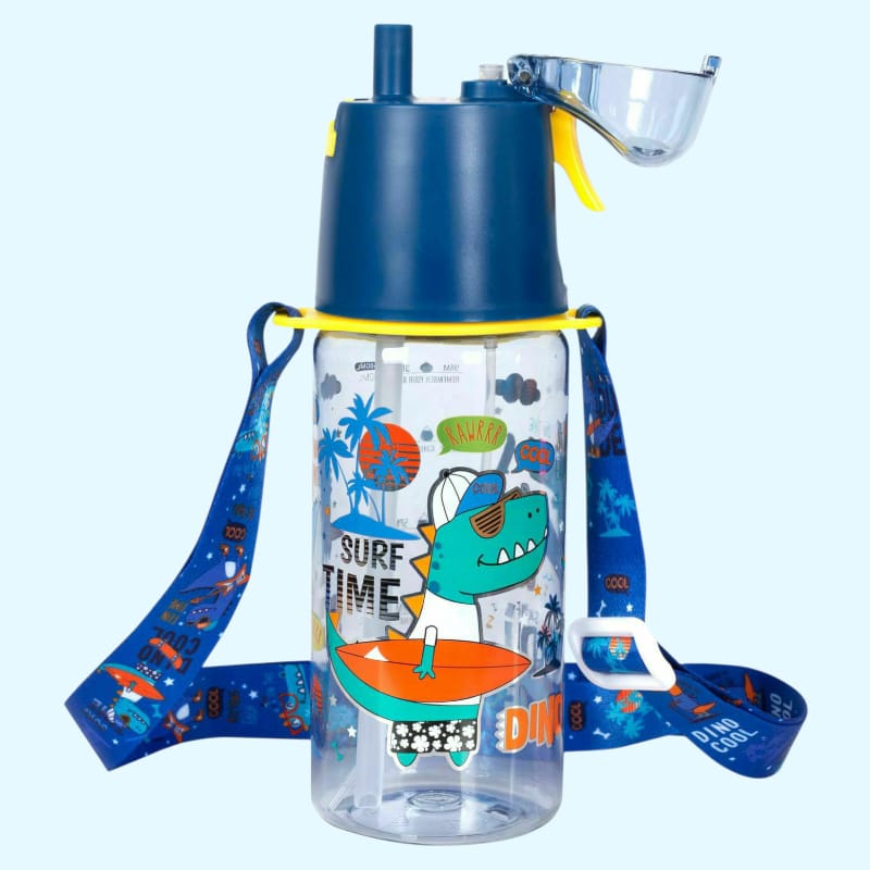 Clear water bottle with a blue lid and straw, featuring a cartoon dino design and a blue strap with a similar design