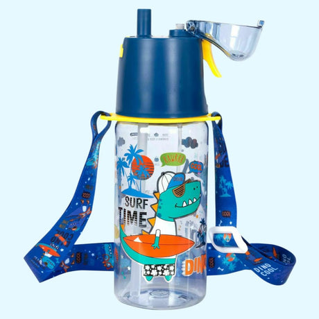 Clear water bottle with a blue lid and straw, featuring a cartoon dino design and a blue strap with a similar design