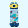 Children's water bottle with cartoon dinosaur design on a light blue background
