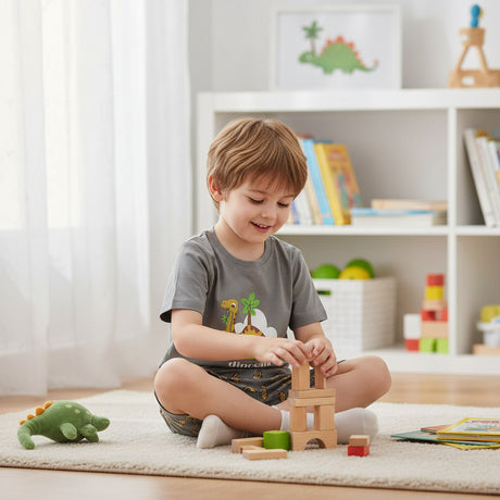 Grey dinosaur pajama short set worn while building wooden blocks