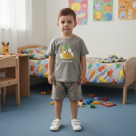 Kids grey dinosaur graphic tee and dino print pajama shorts