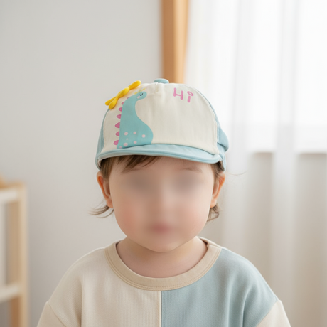 Young child indoors wearing a mint green and cream cap with a turquoise dinosaur and pink Hi lettering