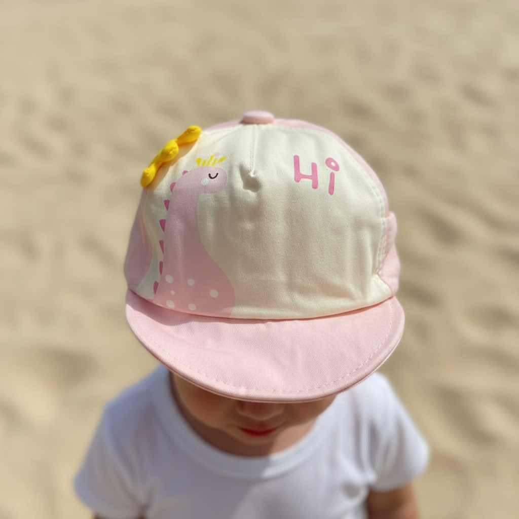 Toddler in a white tee wearing a pale pink cotton cap with a smiling dinosaur print and short brim
