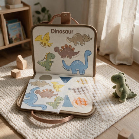 Dinosaur page with dino pictures to match and a sheet of sticker pieces beside a plush dino
