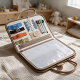 Open busy book showing buckles, a zip, laces, a button, markers and a wipe clean board