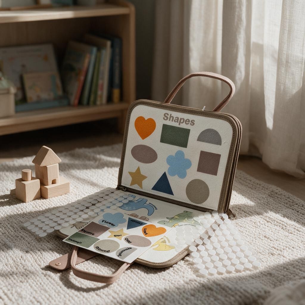 Shapes page with colourful shapes to match and loose shape pieces in a cosy playroom