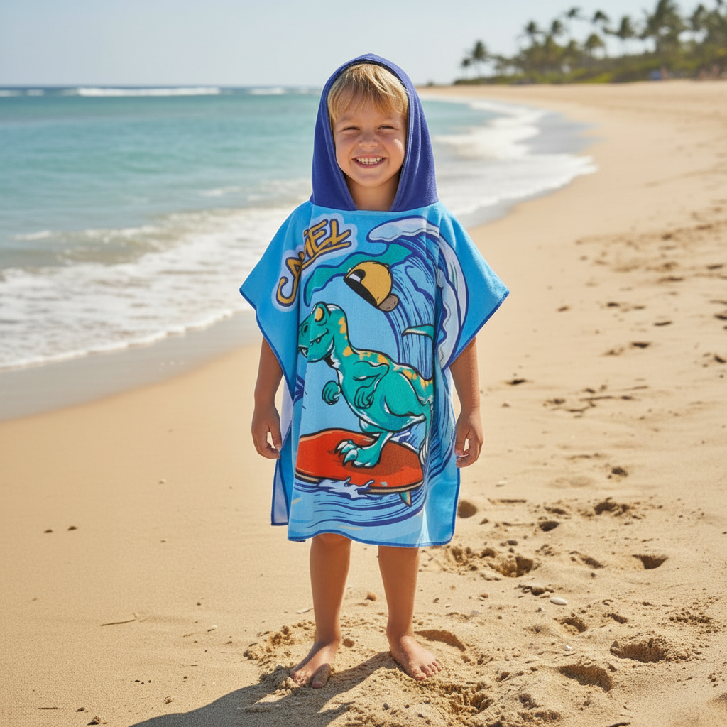 Boy wearing a sky blue poncho towel with a teal dinosaur surfing a wave on a red board