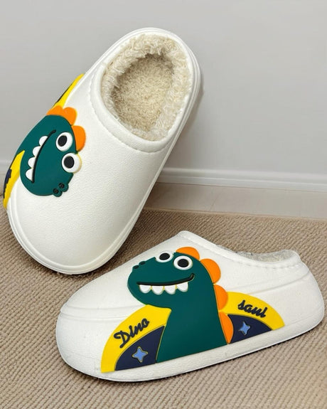 Kids white mule slippers with a green dinosaur motif and fleece lining, Jack Gifts Online Lebanon