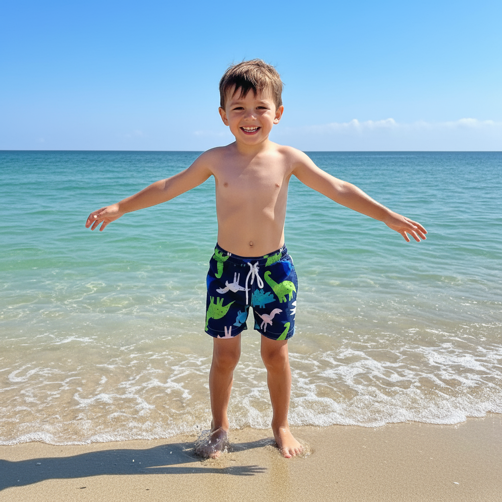 Child in colorful dinosaur design swim trunks standing on a beach with ocean in the background