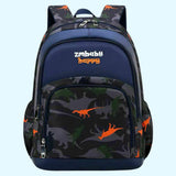Camo dinosaur print front pocket and mesh side pockets on a navy kids school backpack