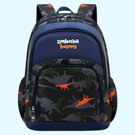 Camo dinosaur print front pocket and mesh side pockets on a navy kids school backpack