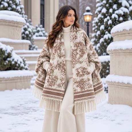 Cream blanket wrap with camel distressed print and camel striped borders worn over a cream outfit