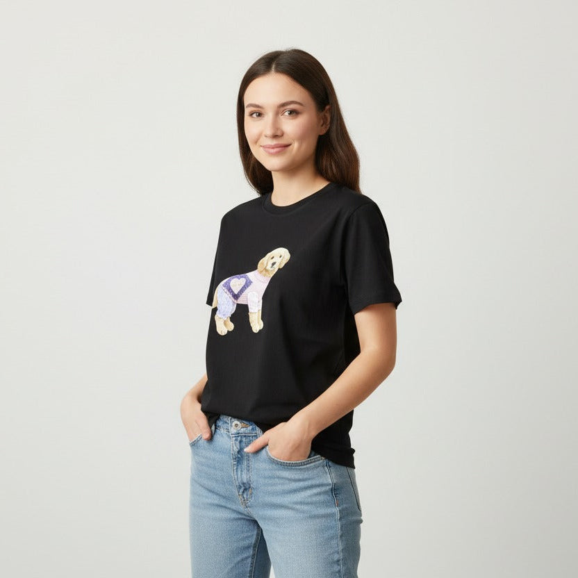 Black colourway of the puppy tee worn with light denim
