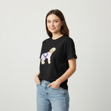 Black colourway of the puppy tee worn with light denim
