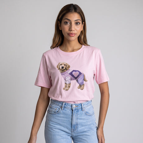 The same puppy graphic on pink, styled with blue jeans