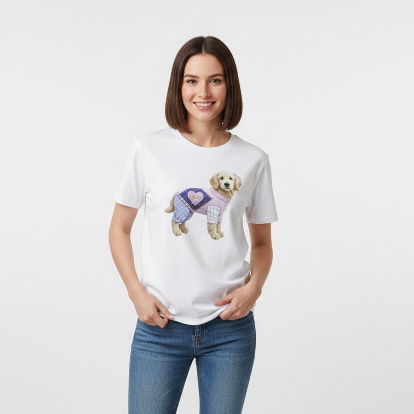 White tee showing the puppy print clearly against pale cotton