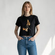 Woman in black cropped tee with dog walk fashion illustration, Jack Gifts Online Lebanon