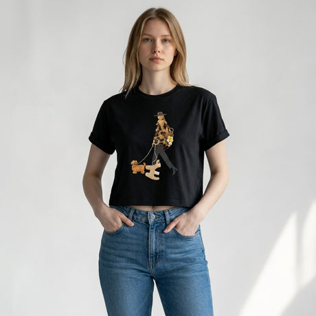 Woman in black cropped tee with dog walk fashion illustration, Jack Gifts Online Lebanon