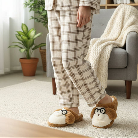 Standing in check pyjamas, dog face slippers showing the brown nose and cream muzzle